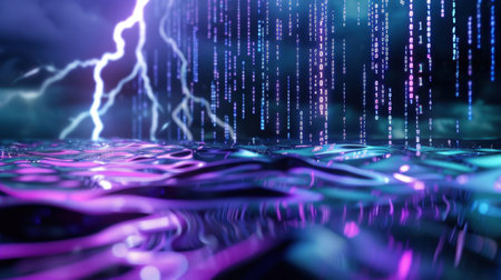This captivating image features neon rain composed of binary codes cascading over a reflective water surface, illuminated by dramatic lightning, creating a surreal and vibrant atmosphere.の素材