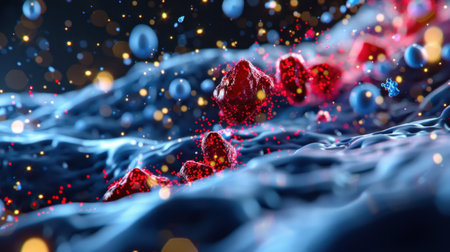 This visually captivating image showcases abstract microscopic particles interacting in a fluid environment, highlighting dynamic movements and textures.の素材
