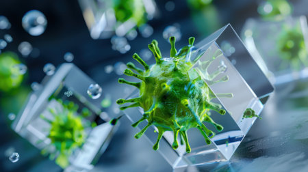 A visually stunning 3D representation of a green virus cell encapsulated within transparent cubes, surrounded by bubbles, showcasing scientific and medical concepts.の素材