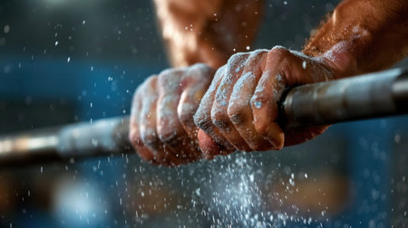 Close-up of strong hands gripping a barbell, enhanced by chalk dust in a gym setting. This image captures the intensity, dedication, and focus necessary for overcoming fitness challenges.の素材