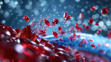 This detailed image showcases a dynamic splash of red blood cells in a vibrant micro-world, highlighting the intricate movement and biological processes in medicine.の素材