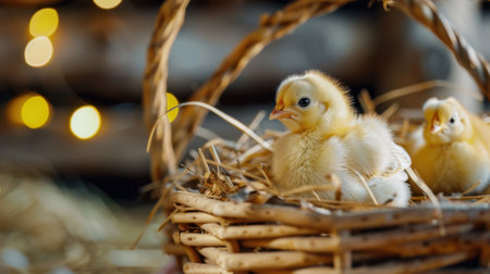 Two fluffy yellow chicks sit comfortably in a rustic basket filled with straw, illuminated by warm ambient lights, evoking a cozy farm atmosphere.の素材