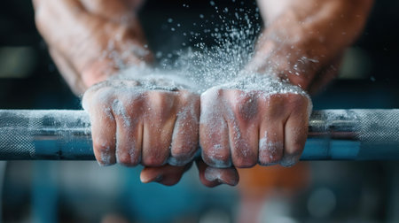 Close-up view of strong hands gripping a barbell, covered in chalk dust, emphasizing strength and determination in a gym setting. Ideal for fitness enthusiasts.の素材