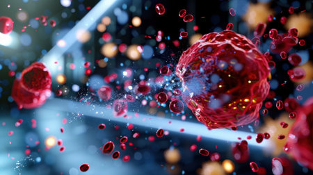 A captivating 3D render showcasing red blood cells and virus particles in motion against a futuristic background, emphasizing health and biology themes.の素材