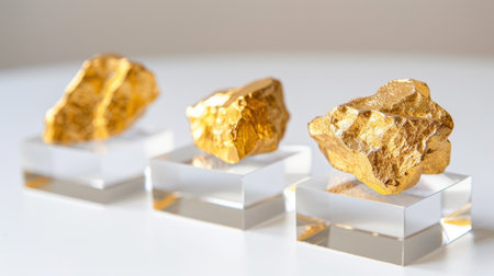 Three stunning gold rocks set on clear acrylic stands create an elegant display. The contrast highlights the vibrant golden hues and natural textures.の素材