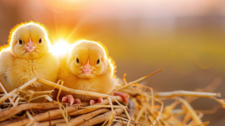 Two adorable yellow chicks sit together in a straw nest, basking in the soft light of a beautiful sunrise. This charming scene captures the essence of warmth and innocence in nature.の素材