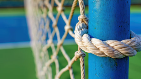 A detailed close-up image showcasing a blue sports pole secured with a twisted rope knot, set against the vibrant background of a tennis court.の素材