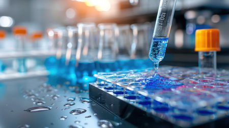 A close-up view of a pipette dropping blue liquid into a microplate, surrounded by laboratory equipment, highlighting the essence of scientific research and experimentation.の素材