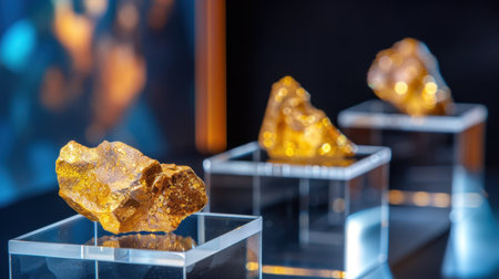 A stunning collection of amber stones displayed in sleek glass cases, highlighting their vibrant hues and unique textures for an elegant exhibition setup.の素材
