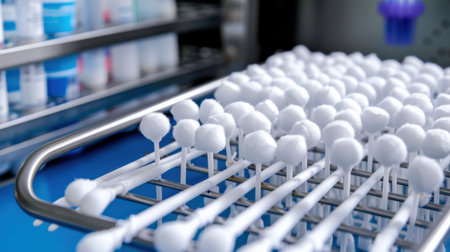 A close-up of cotton swabs arranged on a sterile tray provides a glimpse into clinical practices, showcasing essential tools for hygiene and healthcare applications.の素材