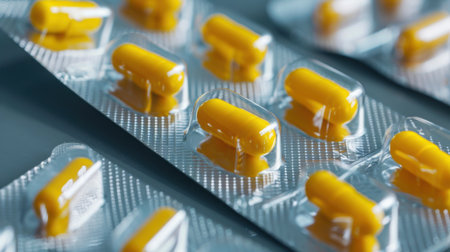 Close-up view of yellow capsules positioned in transparent blister packs, showcasing a modern healthcare approach to medication management and therapy.の素材