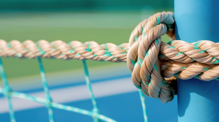 A detailed close-up image of a knotted rope securely attached to a blue tennis net pole, showcasing the texture and craftsmanship of the knot against a vibrant background.の素材
