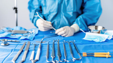 A collection of surgical instruments and tools laid out on a blue surface, highlighting the sterile environment and professionalism essential for surgical procedures.の素材