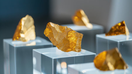 This striking image showcases unique golden rocks elegantly displayed on transparent stands within a contemporary art gallery, capturing the light beautifully.の素材