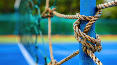 A detailed view of a tennis net post secured with twisted rope, showcasing vivid colors and textures that capture the essence of outdoor sport activity.の素材
