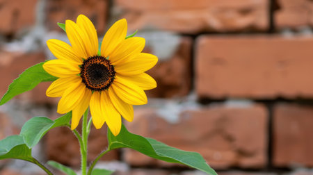 A stunning yellow sunflower stands tall against a rustic red brick wall, showcasing the beauty of nature with its vibrant petals and green leaves.の素材