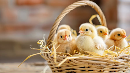 A delightful scene of fluffy baby chicks nestled in a straw basket, radiating warmth and innocence, perfect for seasonal or farm-related themes.の素材