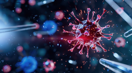 This close-up image features a virus particle set against a dark background, illustrating its structure with surrounding microscopic elements and laboratory tools.の素材