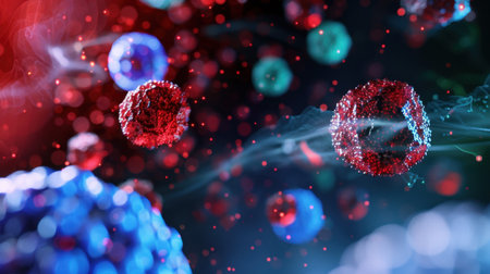 An abstract representation of colorful microbial cells in a digital environment, showcasing depth and detail, perfect for scientific and educational purposes.の素材