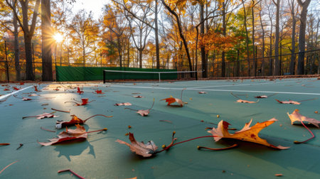 A beautiful autumn tennis court with colorful leaves scattered on the ground, framed by trees and bathed in warm sunset light, offering a tranquil setting.の素材