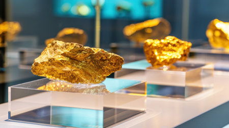This stunning image showcases striking gold specimens presented in a sleek exhibit, highlighting their radiant luster and natural beauty within a museum.の素材