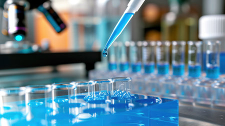 A close-up view of a pipette dispensing blue liquid into test tubes in a dynamic laboratory setting, showcasing the precision and techniques used in scientific research.の素材