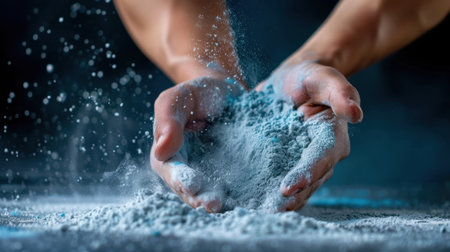 A striking image of hands grasping fine blue dust particles, showcasing motion and texture against a dark backdrop, evoking artistic expression and creativity.の素材