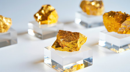 A collection of stunning golden mineral rocks displayed on clear acrylic stands against a bright background. Perfect for decor and artistic presentations.の素材