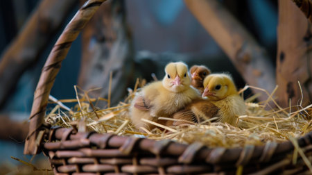 A charming scene featuring adorable yellow chicks resting together in a rustic basket filled with straw, perfect for conveying warmth and innocence in nature.の素材