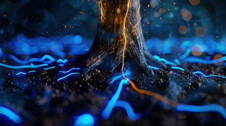 A mesmerizing close-up of a tree trunk surrounded by glowing electric lines. The scene conveys a mystical atmosphere, blending nature with fantasy.の素材