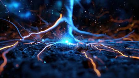 Captivating abstract image showcasing an electric energy surge with dynamic blue lightning, glowing particles, and a mesmerizing background.の素材