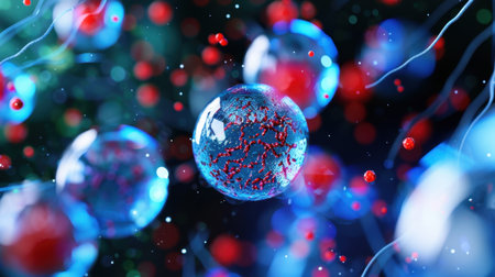 This vibrant and detailed image showcases a microscopic view of cells represented as colorful spheres, combining red and blue elements to illustrate biological phenomena.の素材