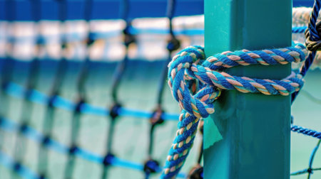 This image captures a close-up view of a colorful knot tied around a pole, set against a serene green and blue background, ideal for nautical themes.の素材