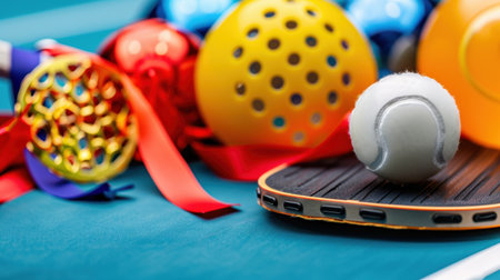 A colorful collection of recreational sport equipment featuring various vibrant balls, a tennis paddle, and playful ribbons, arranged on a bright surface.の素材