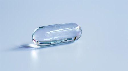 A clear gel capsule rests on a smooth surface, showcasing its reflective quality and delicate design, ideal for health or pharmaceutical themes.の素材