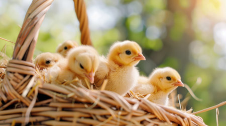 A charming scene of fluffy yellow chicks nestled in a wicker basket filled with hay, set against a vibrant green background on a sunny day.の素材