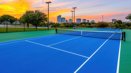 This stunning image captures a vibrant sunrise over empty tennis courts, featuring a clear blue surface and a breathtaking city skyline in the background.の素材