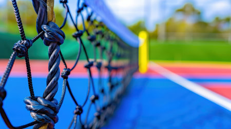 This image offers a close-up view of a tennis net with an eye-catching court surface in vibrant colors. It captures the essence of outdoor sports and activity.の素材
