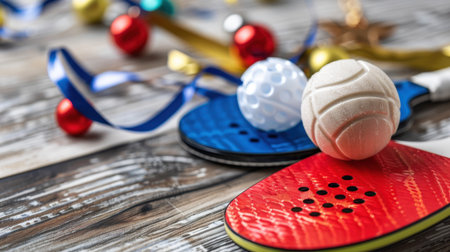 A vibrant composition featuring colorful paddles and balls on a wooden surface, surrounded by festive decorations, embodying a playful and recreational spirit.の素材