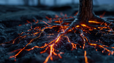 A striking scene showcasing intertwining tree roots and flowing lava in a volcanic landscape, illuminated by glowing embers against a dark background.の素材