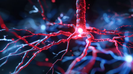 This vibrant digital artwork showcases a detailed visualization of neurons and synapses, emphasizing neural connections and activity. Ideal for scientific or educational purposes, it highlights the beauty of biological systems.の素材