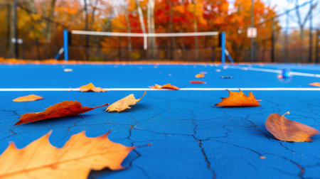 This image captures colorful autumn leaves scattered across a blue tennis court, framed by vibrant fall foliage, evoking a serene atmosphere in nature.の素材