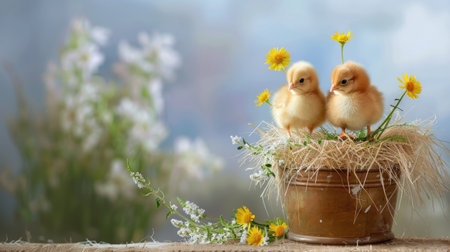 Two adorable yellow chicks perched together in a flower pot, surrounded by vibrant flowers and lush greenery, capturing the essence of spring joy and innocence.の素材