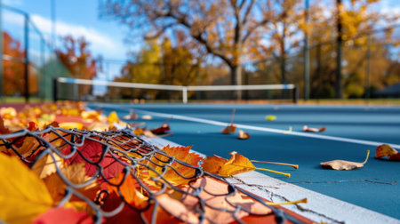 A captivating autumn scene featuring vibrant leaves scattered on a tennis court, highlighting a colorful seasonal transition in a serene park setting.の素材