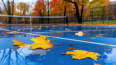 This image captures vibrant autumn leaves scattered across a blue tennis court, showcasing the beauty of nature in a park setting during fall.の素材