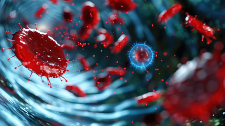 High-resolution illustration showing red blood cells interacting with a virus in the human body. This scientific depiction highlights infection and immune response.の素材