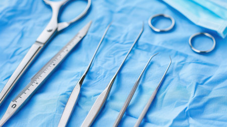 A set of surgical instruments is laid out on a blue cloth, accompanied by a surgical mask. Ideal for healthcare and medical-related themes.の素材