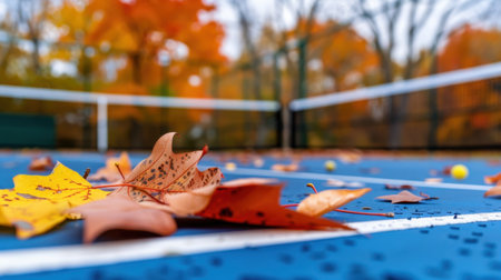 A serene depiction of colorful autumn leaves scattered on a blue tennis court, set within a picturesque outdoor landscape adorned with fall foliage.の素材