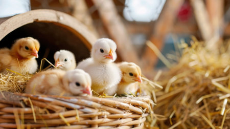 A charming scene featuring a group of fluffy yellow chicks huddled together in a rustic basket, surrounded by soft hay, capturing the essence of farm life.の素材