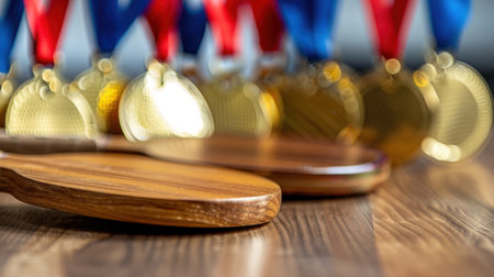 Elegant wooden plaques are featured in the foreground, beautifully highlighted by an array of shiny gold medals hanging in the background, celebrating achievement.の素材
